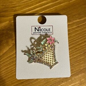 Nicole Gold-Tone Floral Basket Pin with Pink Flower and Green Leaves